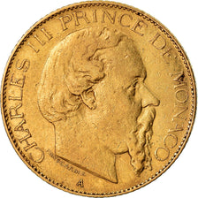 Coin, Monaco, Charles III, 20 Francs, Vingt, 1879, Paris, EF(40-45), Gold, KM:98