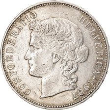 Moneda, Suiza, 5 Francs, 1907, Bern, MBC, Plata, KM:34