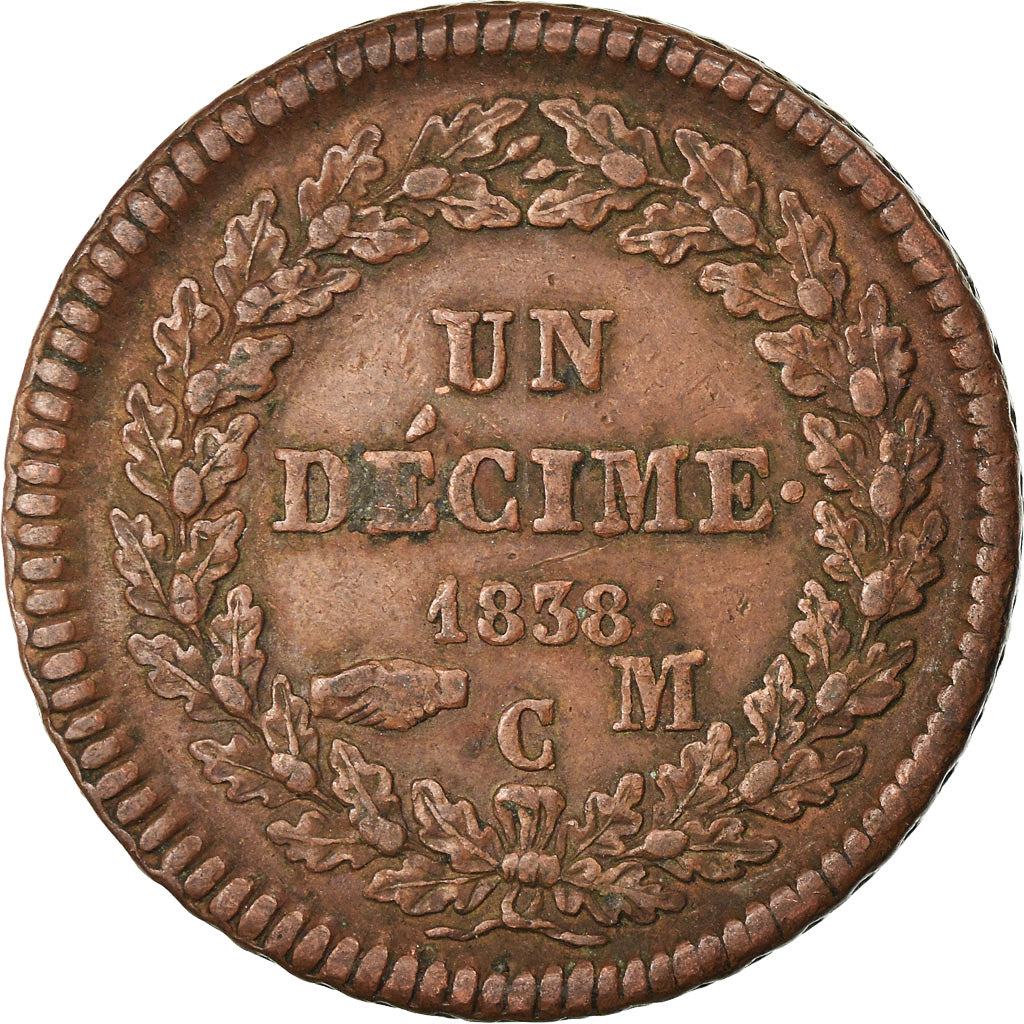 Moeda, Mónaco, Honore V, Decime, 1838, Monaco, VF(30-35), Cobre, KM:97.1