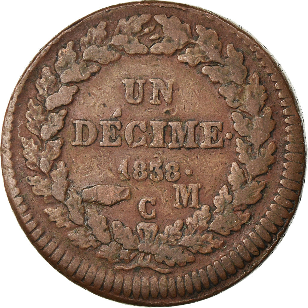 Moeda, Mónaco, Honore V, Decime, 1838, Monaco, VF(20-25), Cobre, KM:97.1