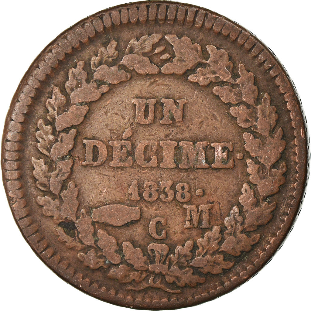 Moeda, Mónaco, Honore V, Decime, 1838, Monaco, VF(20-25), Cobre, KM:97.1