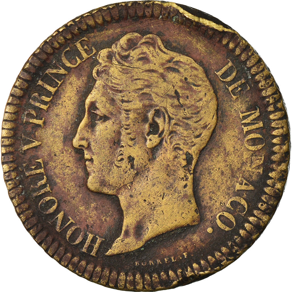 Moeda, Mónaco, Honore V, Decime, 1838, Monaco, Cuivre jaune, VF(30-35), Cobre