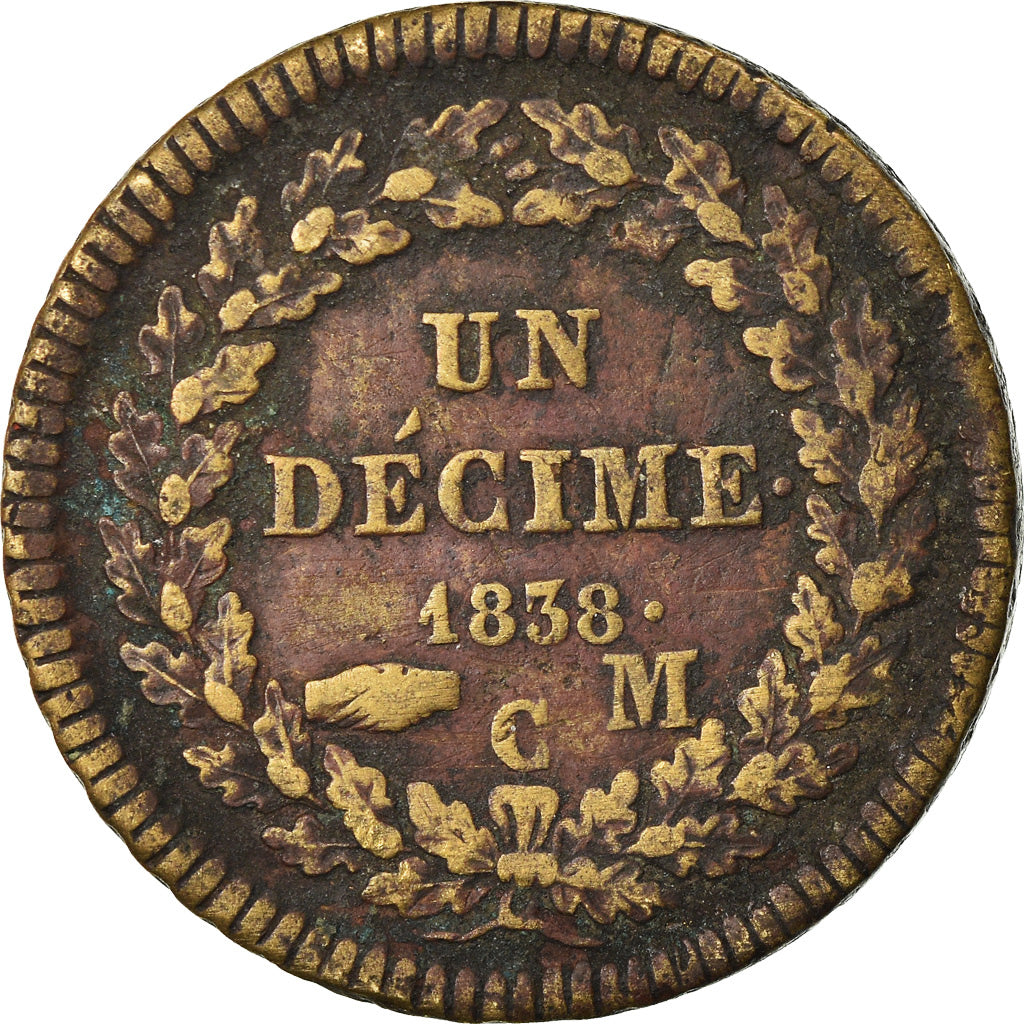 Moeda, Mónaco, Honore V, Decime, 1838, Monaco, Cuivre jaune, VF(30-35), Cobre