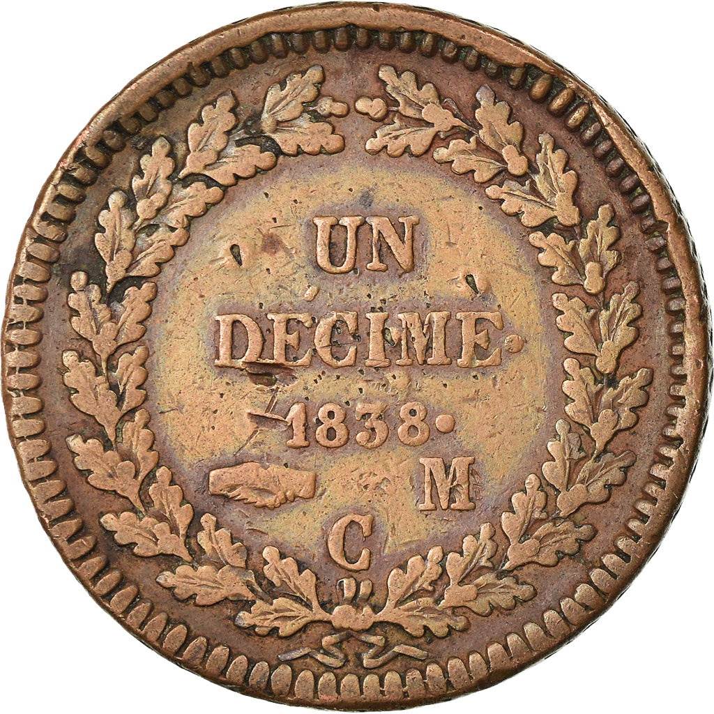 Coin, Monaco, Honore V, Decime, 1838, Monaco, Petite tête, VF(20-25), Copper