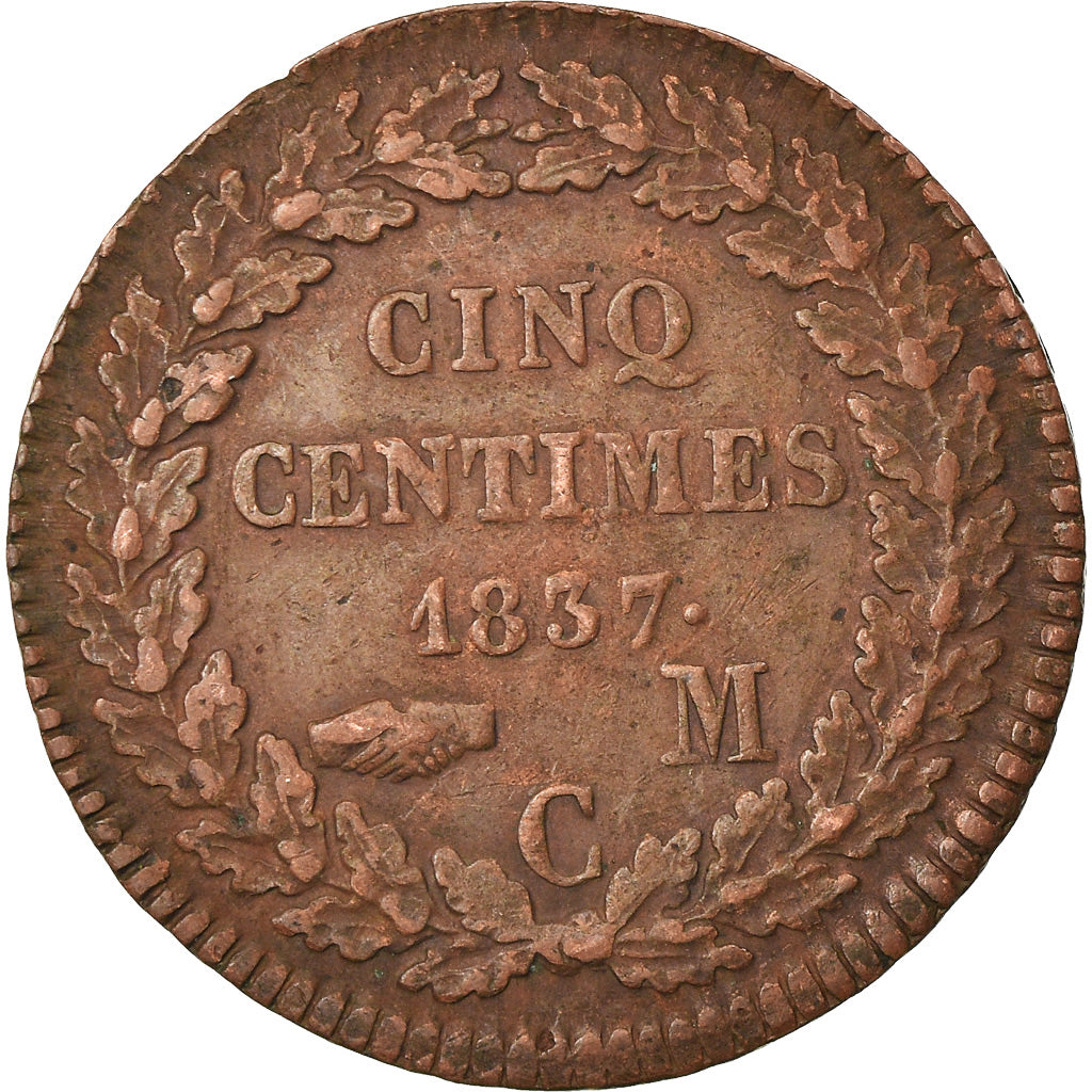 Moneda, Mónaco, Honore V, 5 Centimes, Cinq, 1837, Monaco, MBC, Cobre, KM:95.2a