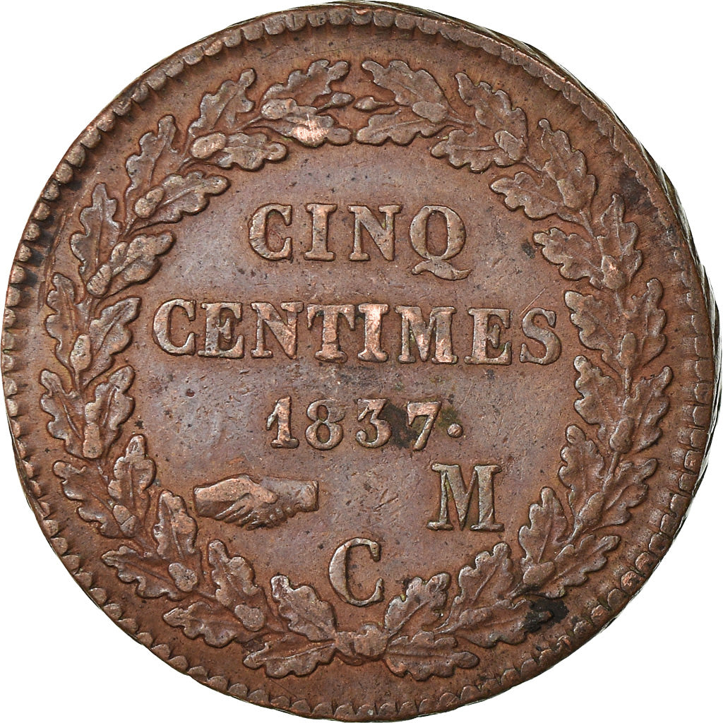 Moneda, Mónaco, Honore V, 5 Centimes, Cinq, 1837, Monaco, MBC, Cobre, KM:95.2a