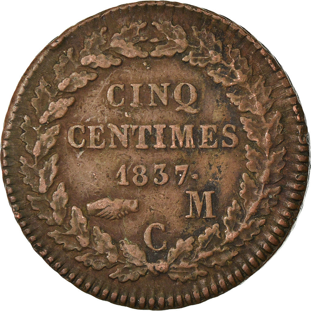 Coin, Monaco, Honore V, 5 Centimes, Cinq, 1837, Monaco, VF(30-35), Copper
