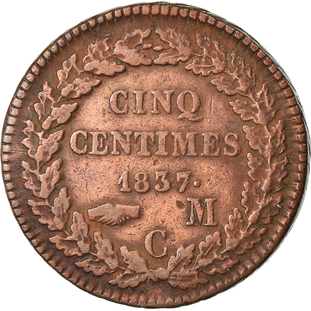 Coin, Monaco, Honore V, 5 Centimes, Cinq, 1837, Monaco, VF(20-25), Copper
