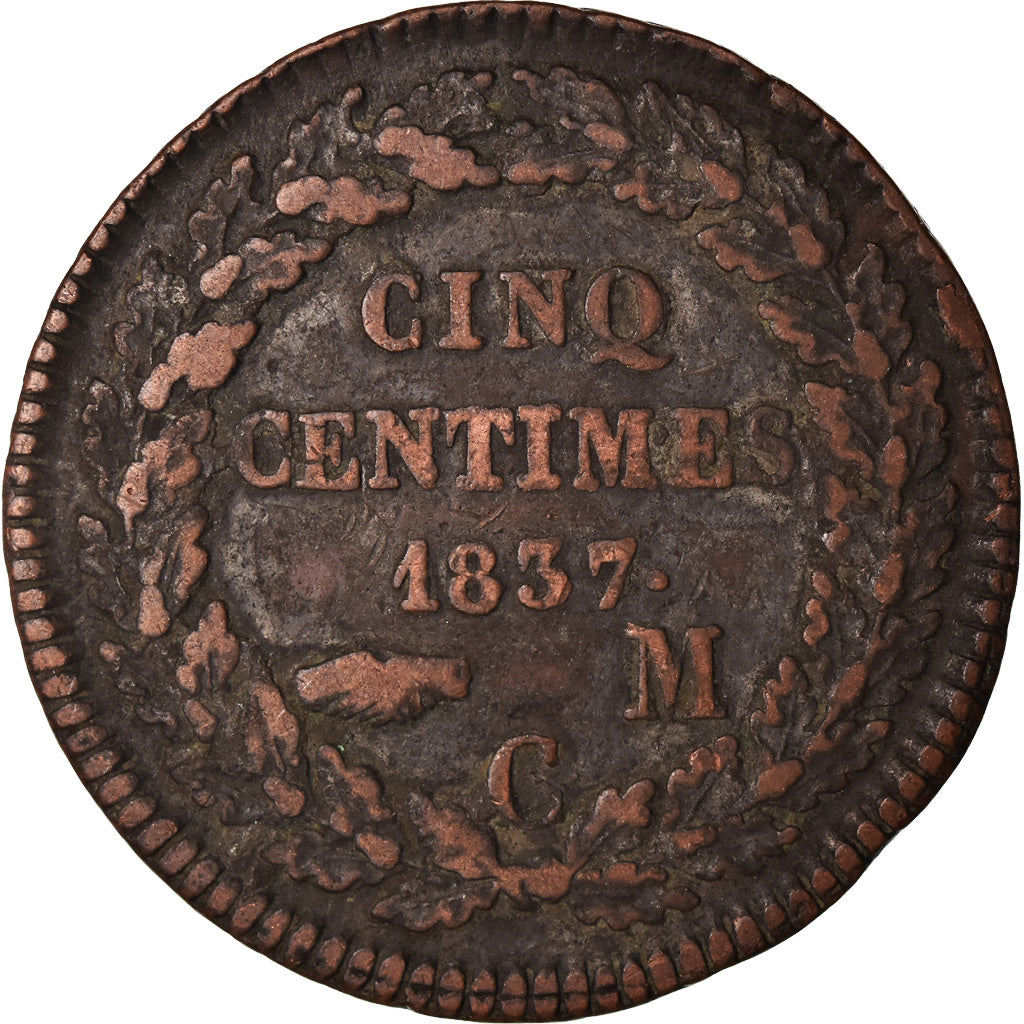 Coin, Monaco, Honore V, 5 Centimes, Cinq, 1837, Monaco, VF(20-25), Copper