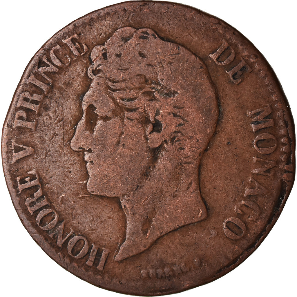 Coin, Monaco, Honore V, 5 Centimes, Cinq, 1837, Monaco, VF(20-25), Copper