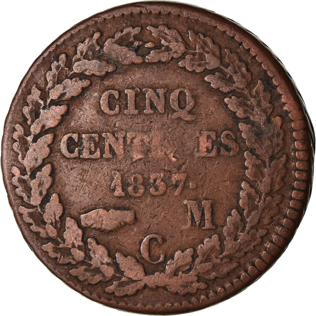 Coin, Monaco, Honore V, 5 Centimes, Cinq, 1837, Monaco, VF(20-25), Copper
