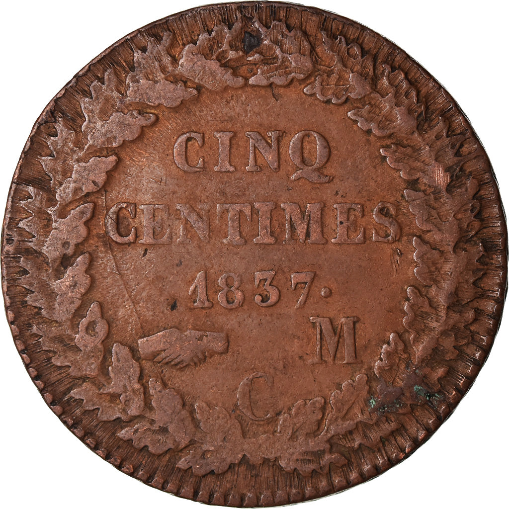 Coin, Monaco, Honore V, 5 Centimes, Cinq, 1837, Monaco, F(12-15), Copper