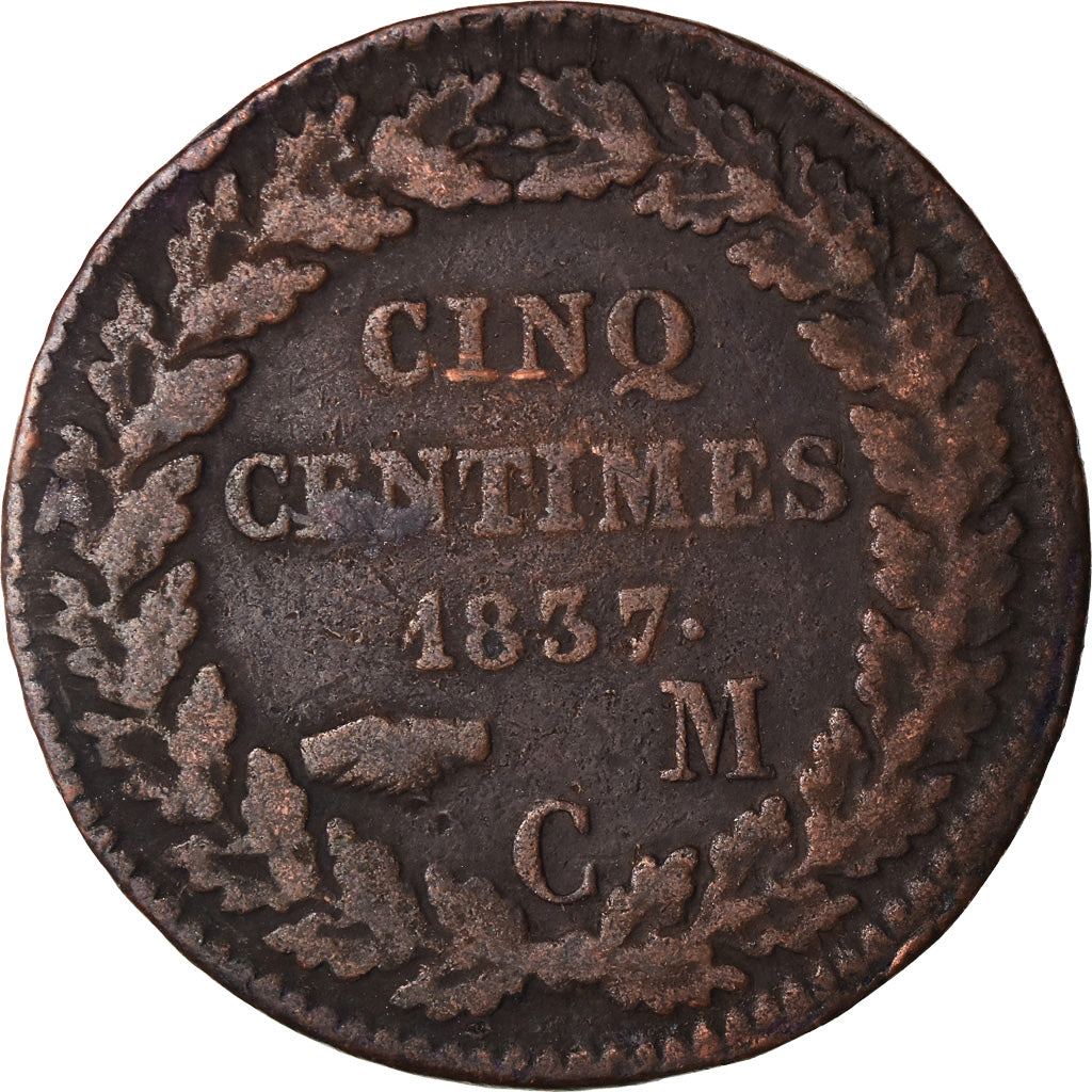 Coin, Monaco, Honore V, 5 Centimes, Cinq, 1837, Monaco, F(12-15), Copper