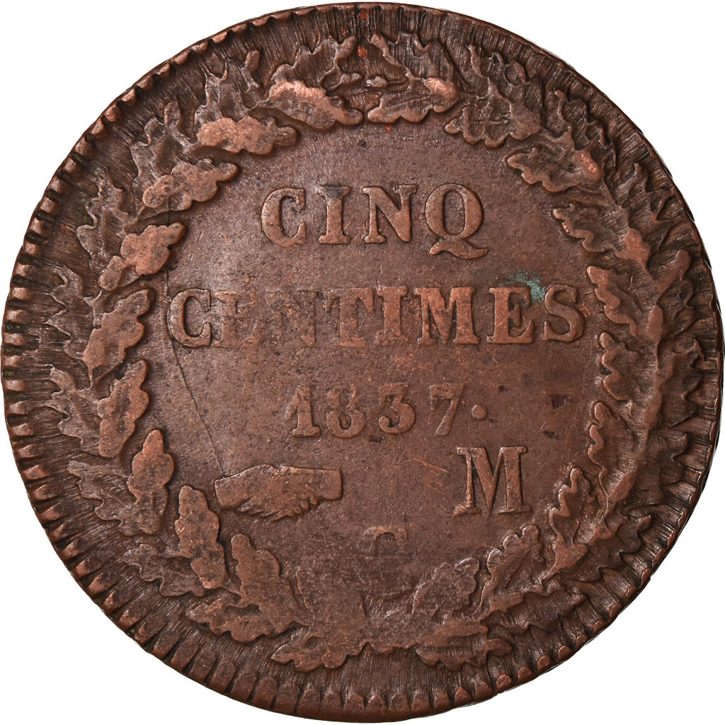 Coin, Monaco, Honore V, 5 Centimes, Cinq, 1837, Monaco, F(12-15), Copper