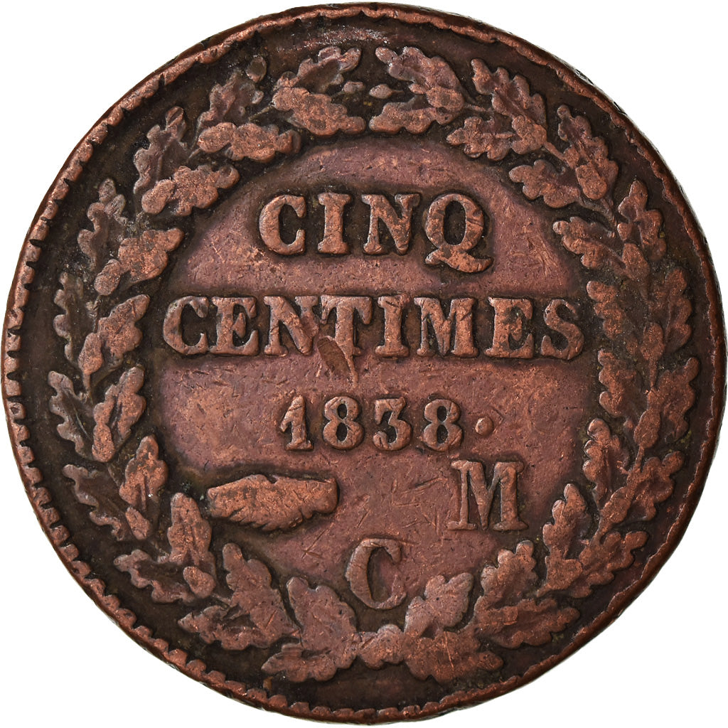 Moeda, Mónaco, Honore V, 5 Centimes, Cinq, 1838, Monaco, VF(30-35), Cobre