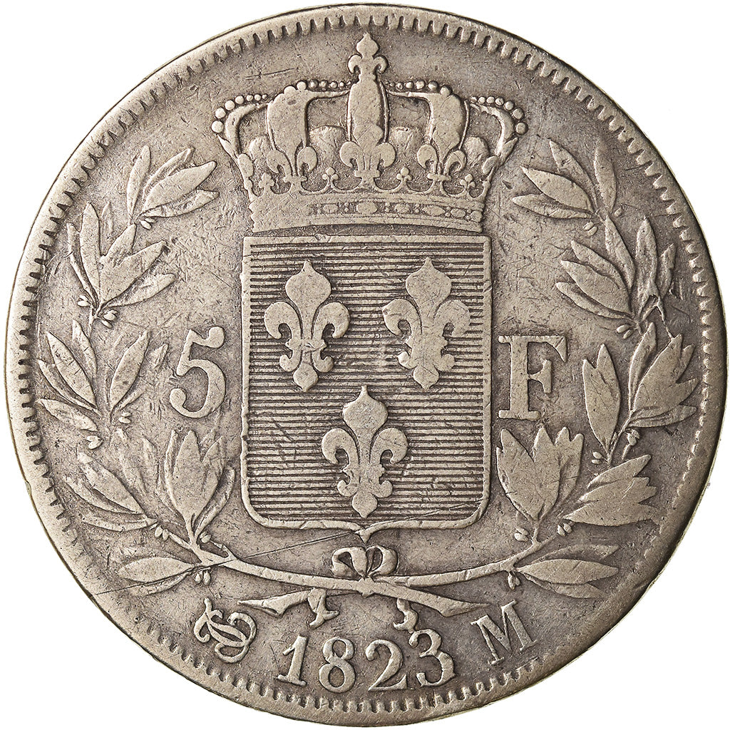 Münze, Frankreich, Louis XVIII, 5 Francs, 1823, Toulouse, S+, Silber, KM:711.9