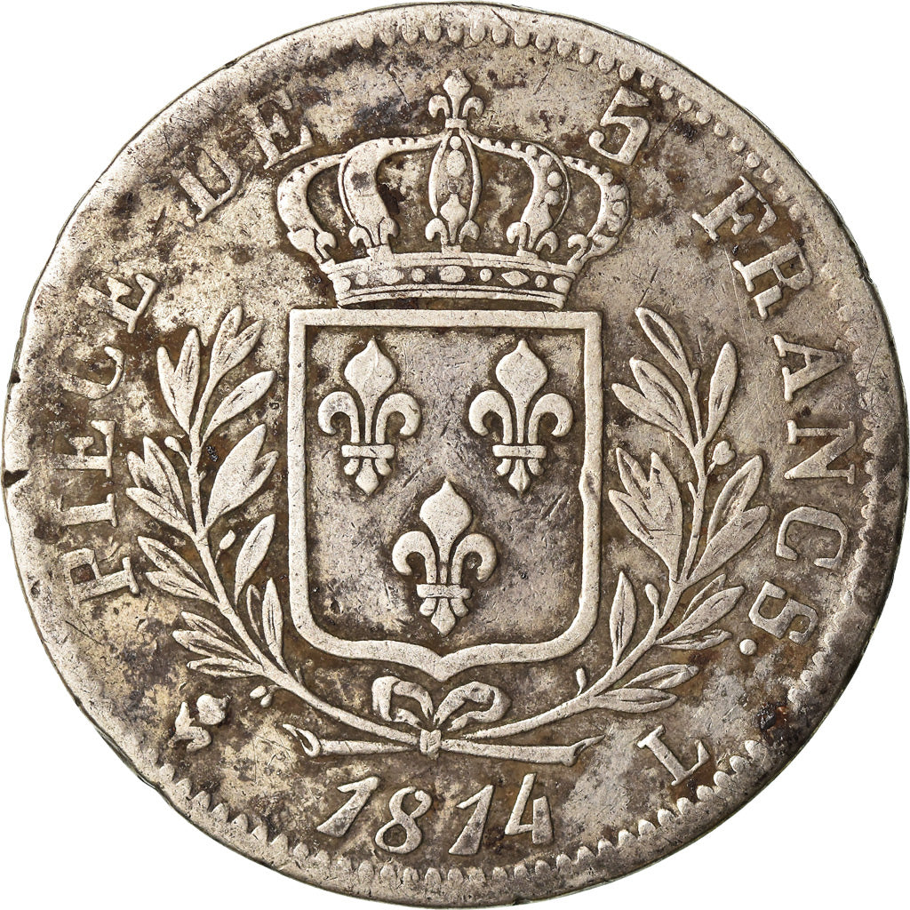 Monnaie, France, Louis XVIII, Louis XVIII, 5 Francs, 1814, Bayonne, TB, Argent
