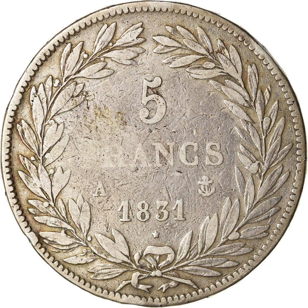Moneta, Francia, Louis-Philippe, 5 Francs, 1831, Paris, MB+, Argento, KM:736.1