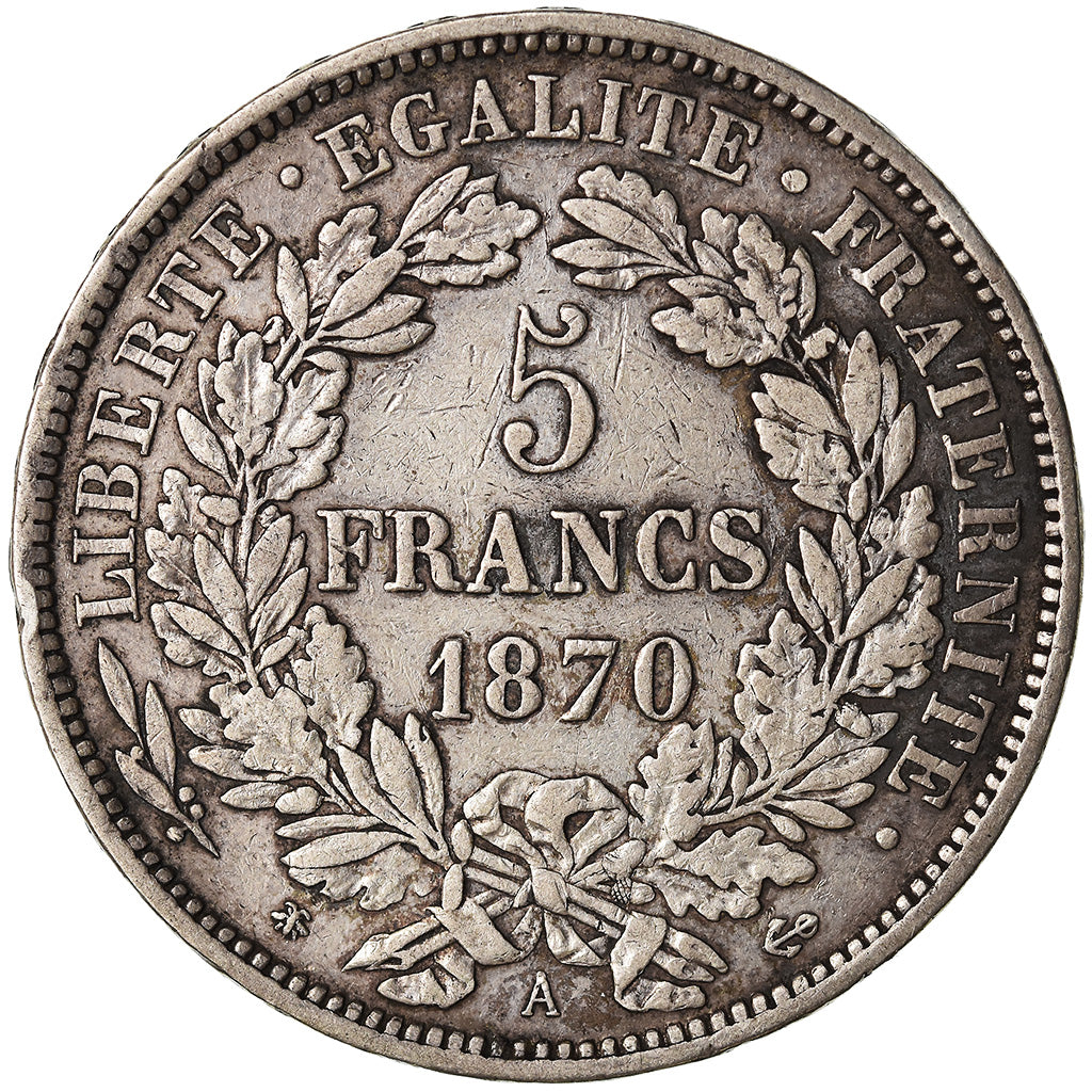 Coin, France, Cérès, 5 Francs, 1870, Paris, EF(40-45), Silver, KM:819
