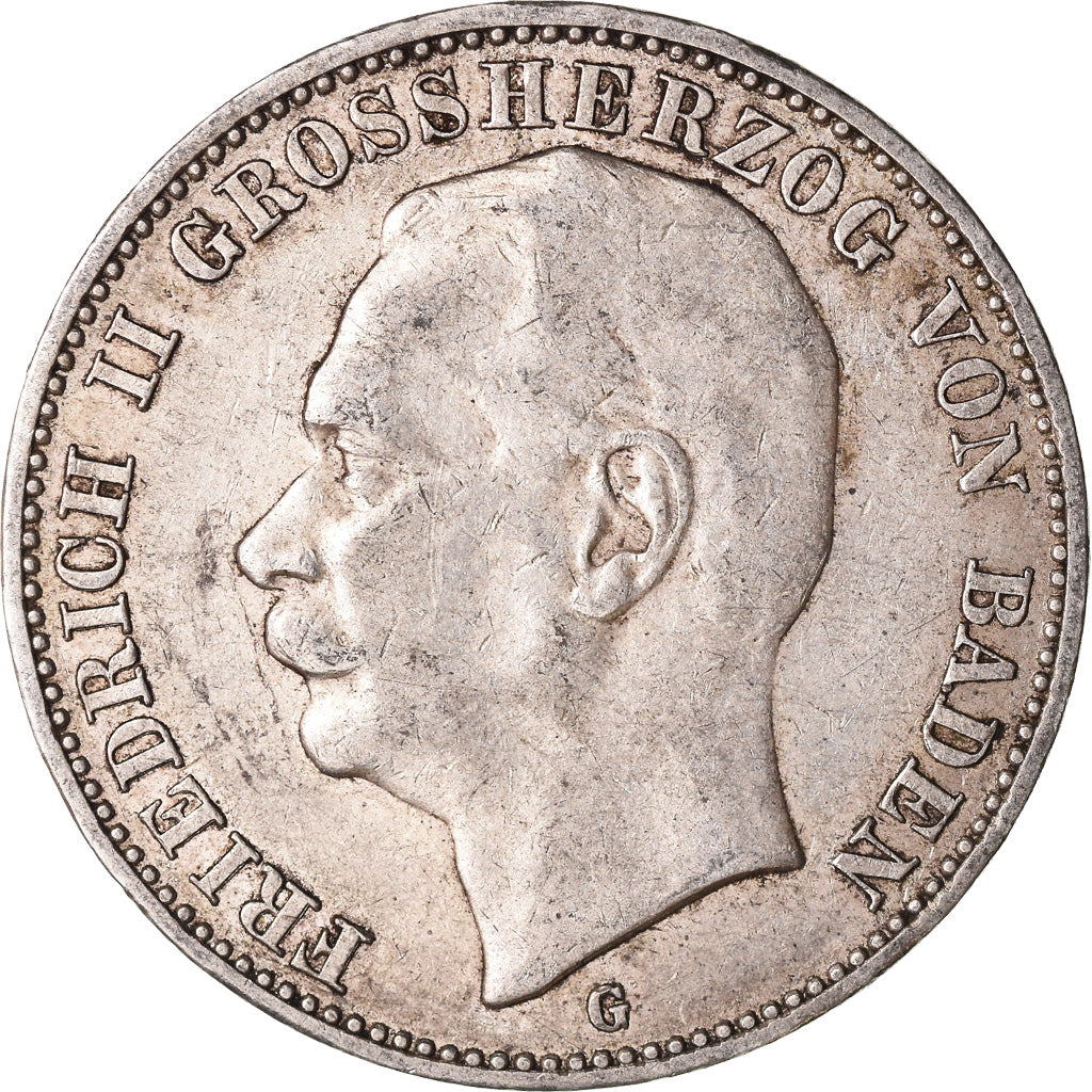 Coin, German States, BADEN, Friedrich II, 3 Mark, 1909, Karlsruhe, EF(40-45)