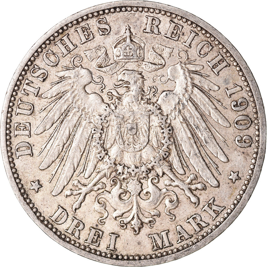 Coin, German States, BADEN, Friedrich II, 3 Mark, 1909, Karlsruhe, EF(40-45)