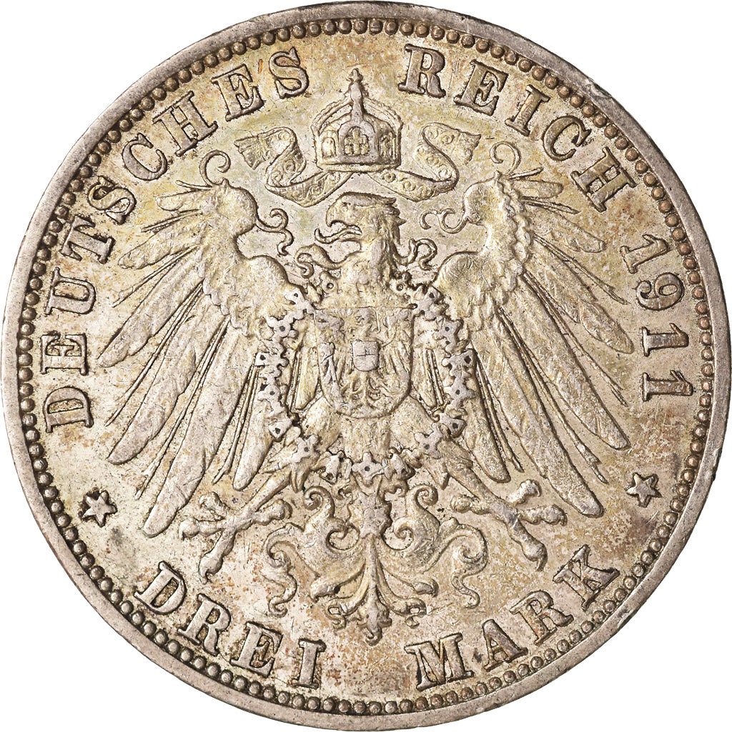 Coin, German States, BADEN, Friedrich II, 3 Mark, 1911, Karlsruhe, EF(40-45)