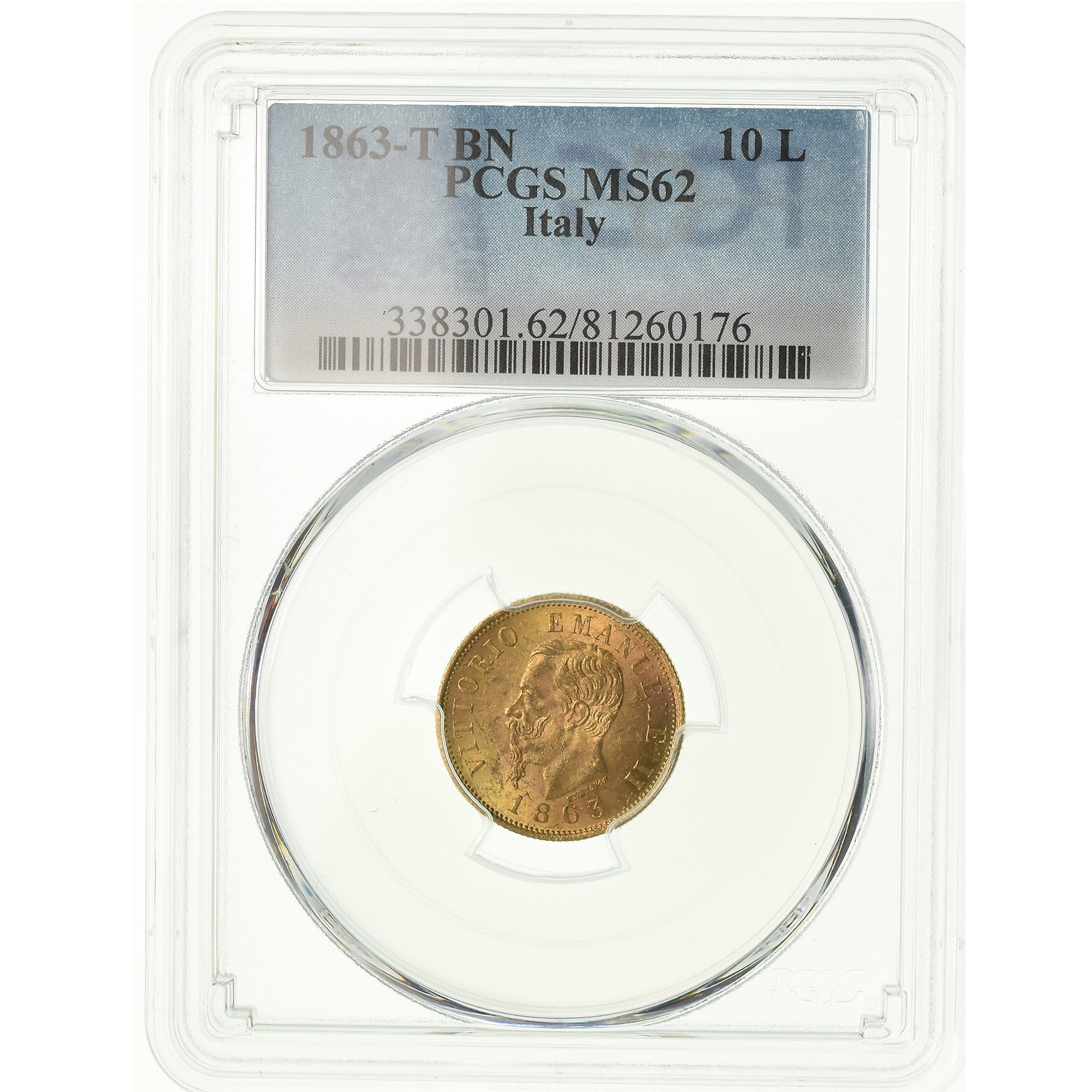 Coin, Italy, Vittorio Emanuele II, 10 Lire, 1863, Torino, PCGS, MS62, Gold