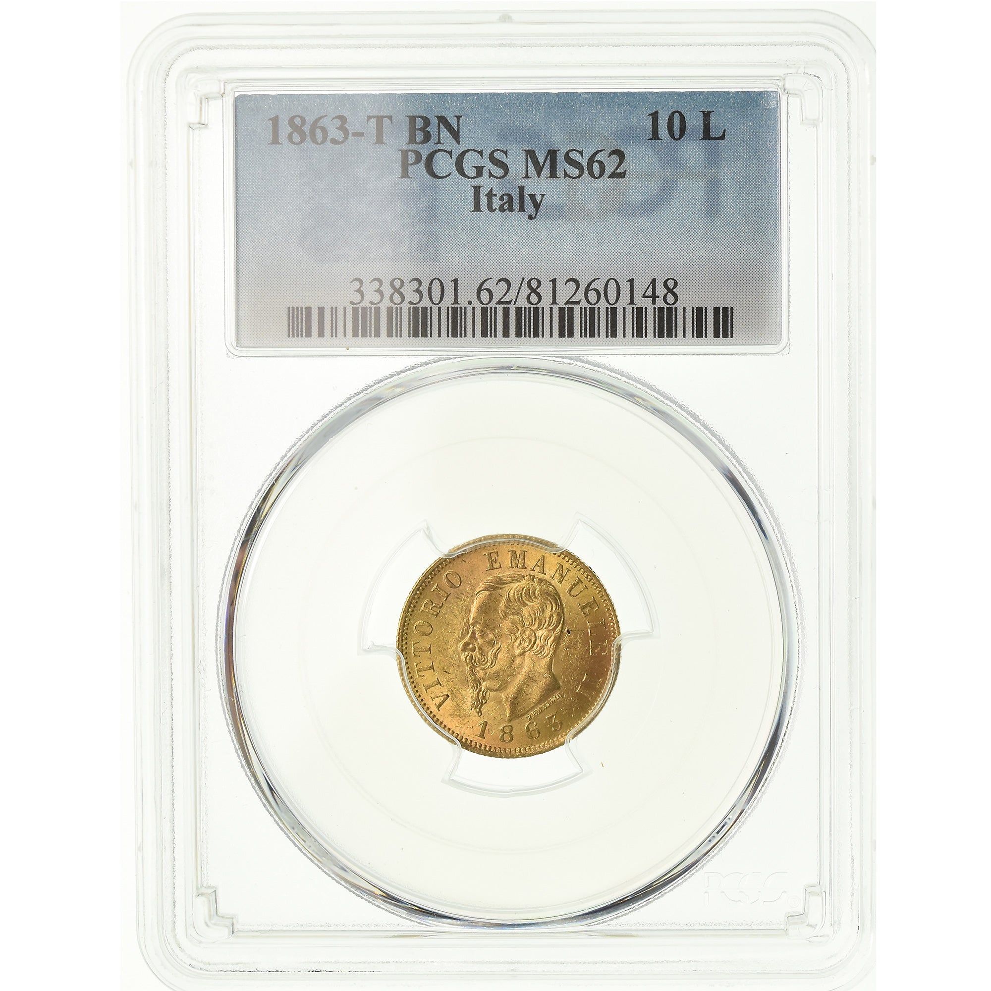 Coin, Italy, Vittorio Emanuele II, 10 Lire, 1863, Torino, PCGS, MS62, Gold