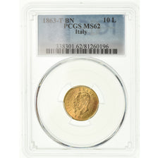 Coin, Italy, Vittorio Emanuele II, 10 Lire, 1863, Torino, PCGS, MS62, Gold