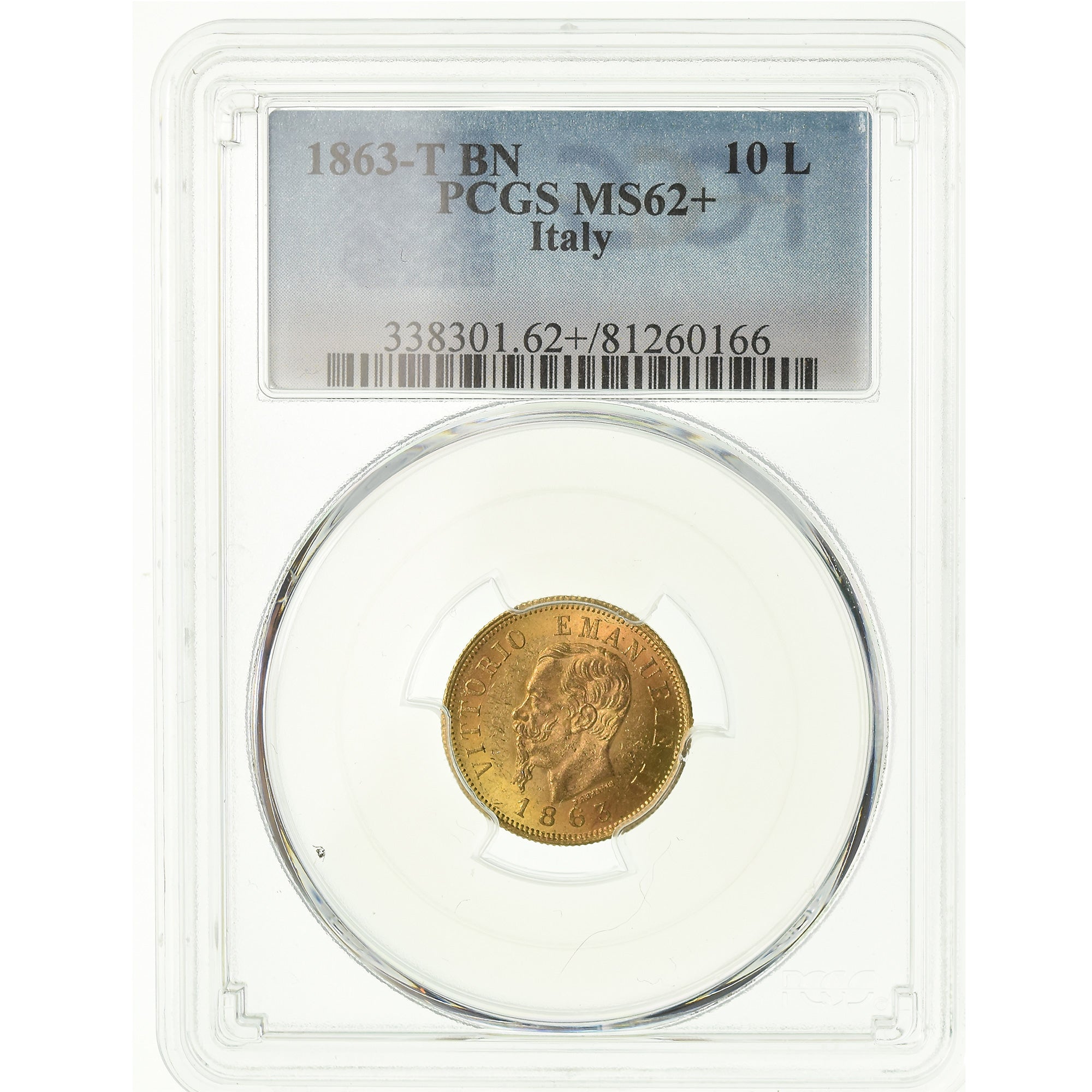 Coin, Italy, Vittorio Emanuele II, 10 Lire, 1863, Torino, PCGS, MS62+, Gold