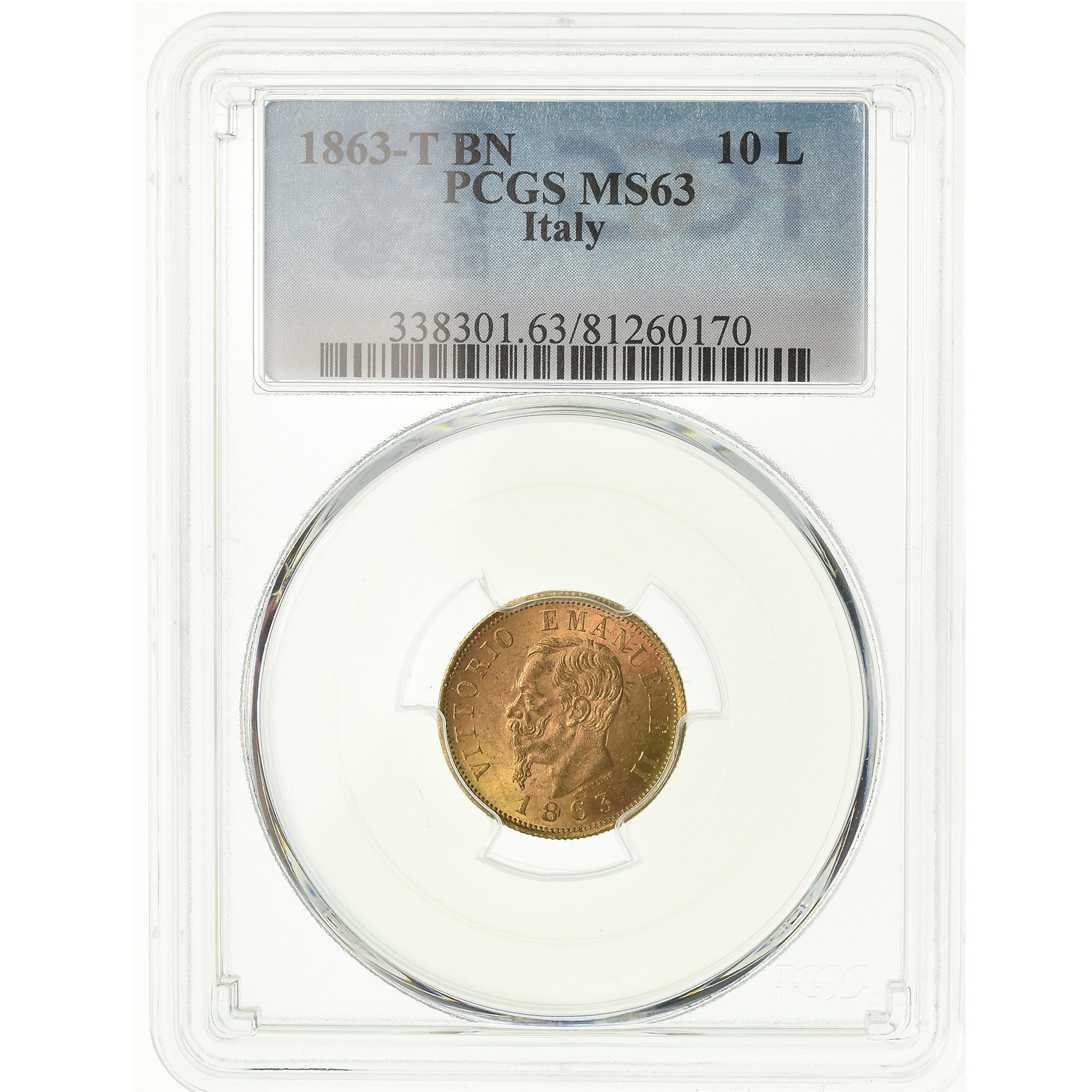 Coin, Italy, Vittorio Emanuele II, 10 Lire, 1863, Torino, PCGS, MS63, Gold