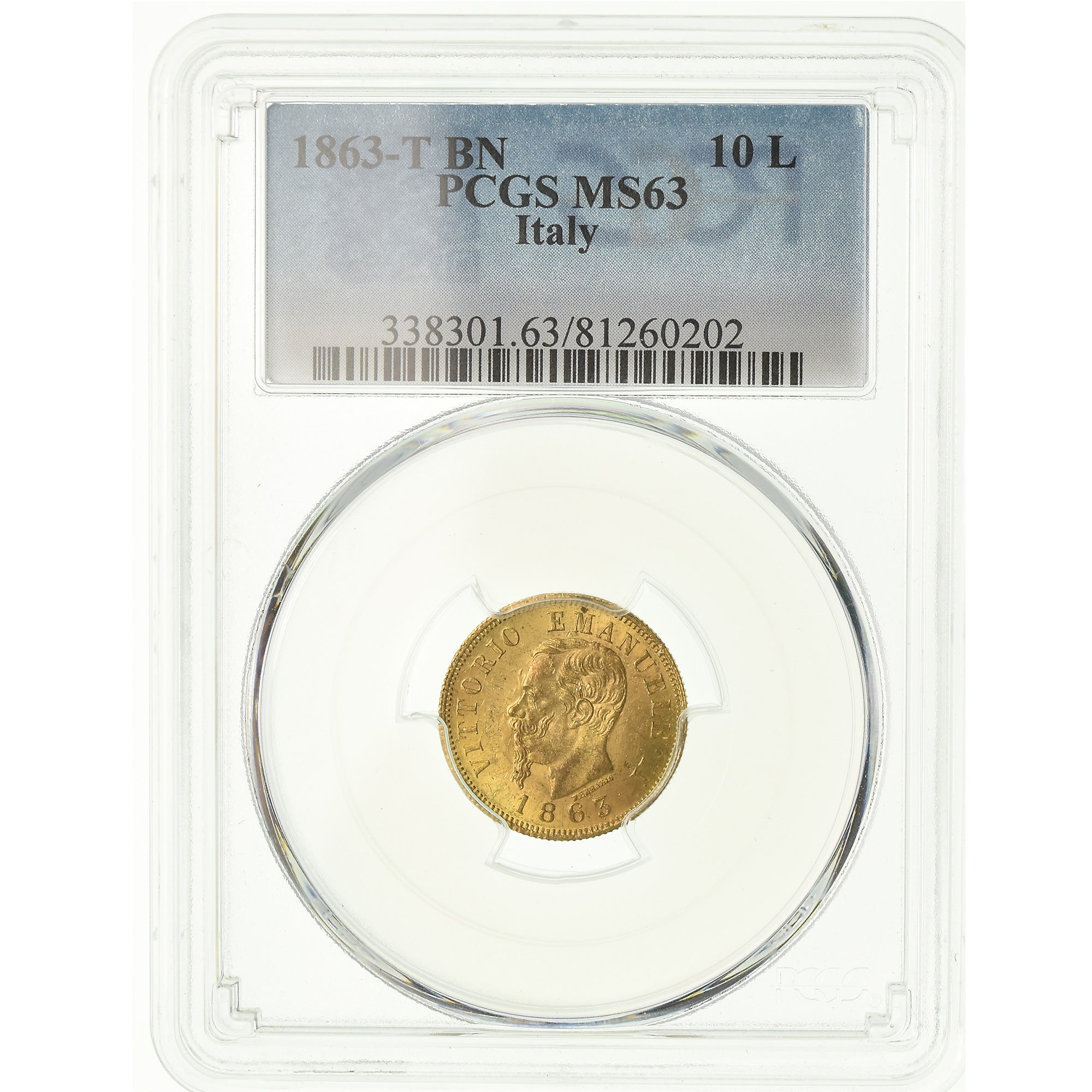 Moneta, Italia, Vittorio Emanuele II, 10 Lire, 1863, Torino, PCGS, MS63, Oro