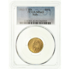 Moneta, Italia, Vittorio Emanuele II, 10 Lire, 1863, Torino, PCGS, MS63, Oro