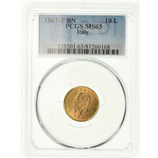 Moneta, Italia, Vittorio Emanuele II, 10 Lire, 1863, Torino, PCGS, MS63, Oro