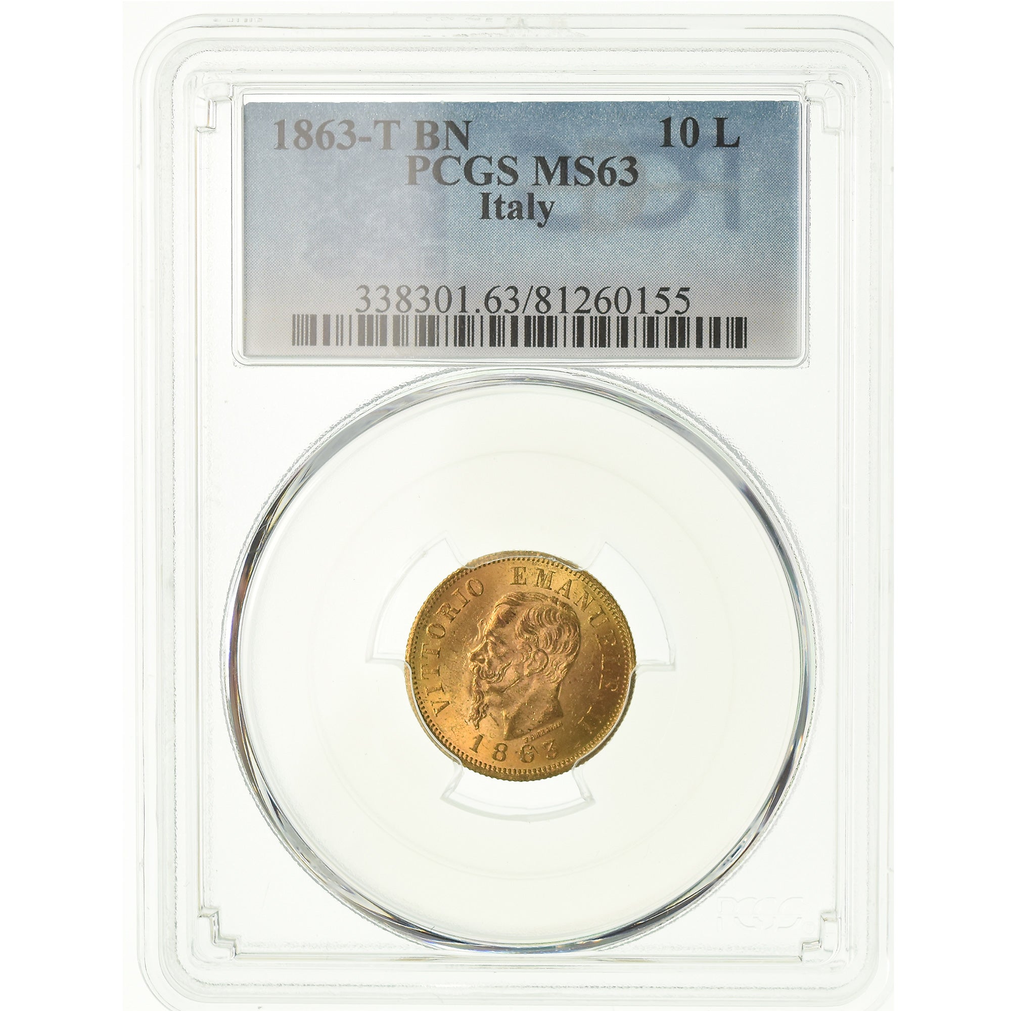 Coin, Italy, Vittorio Emanuele II, 10 Lire, 1863, Torino, PCGS, MS63, Gold