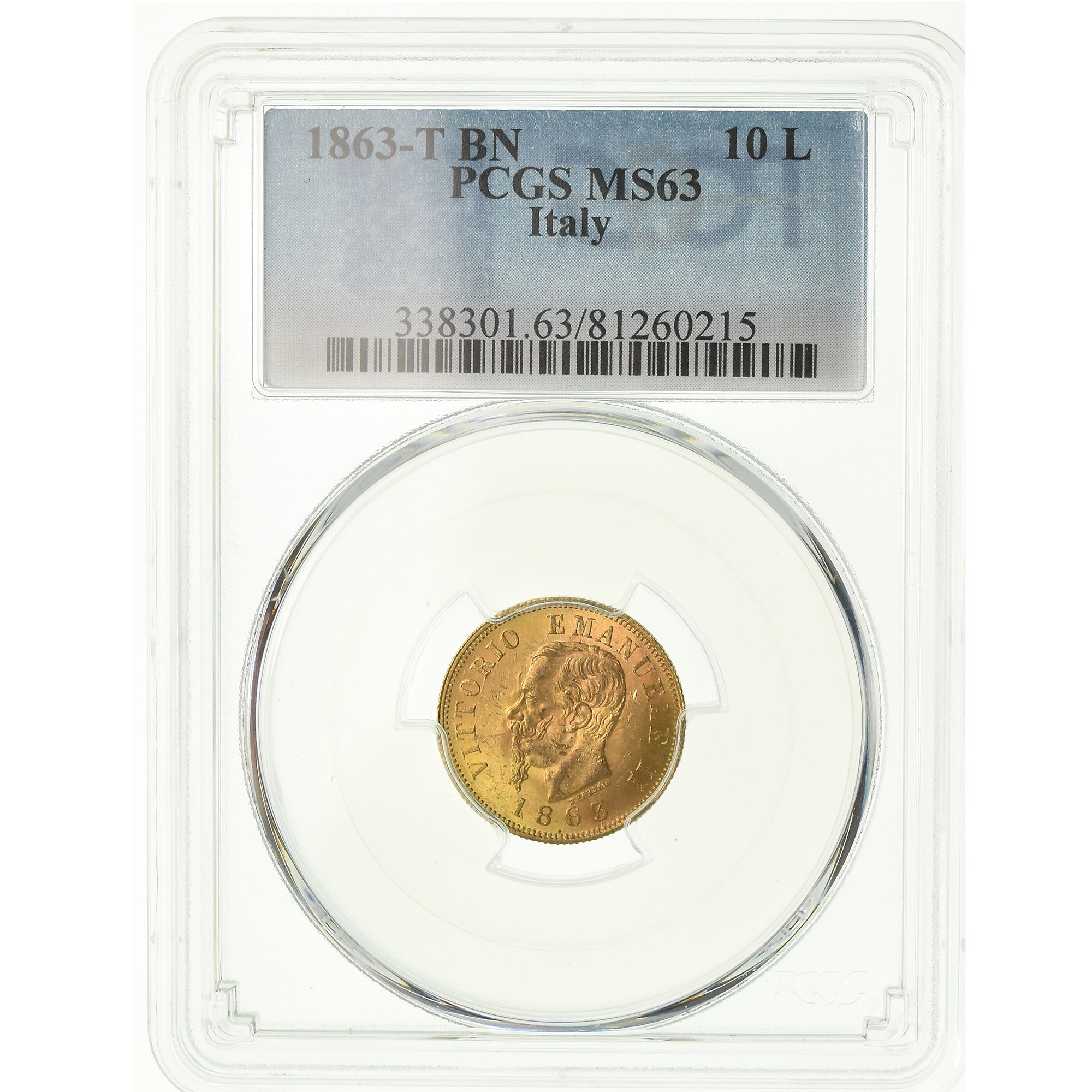 Coin, Italy, Vittorio Emanuele II, 10 Lire, 1863, Torino, PCGS, MS63, Gold