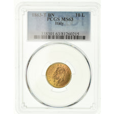 Coin, Italy, Vittorio Emanuele II, 10 Lire, 1863, Torino, PCGS, MS63, Gold