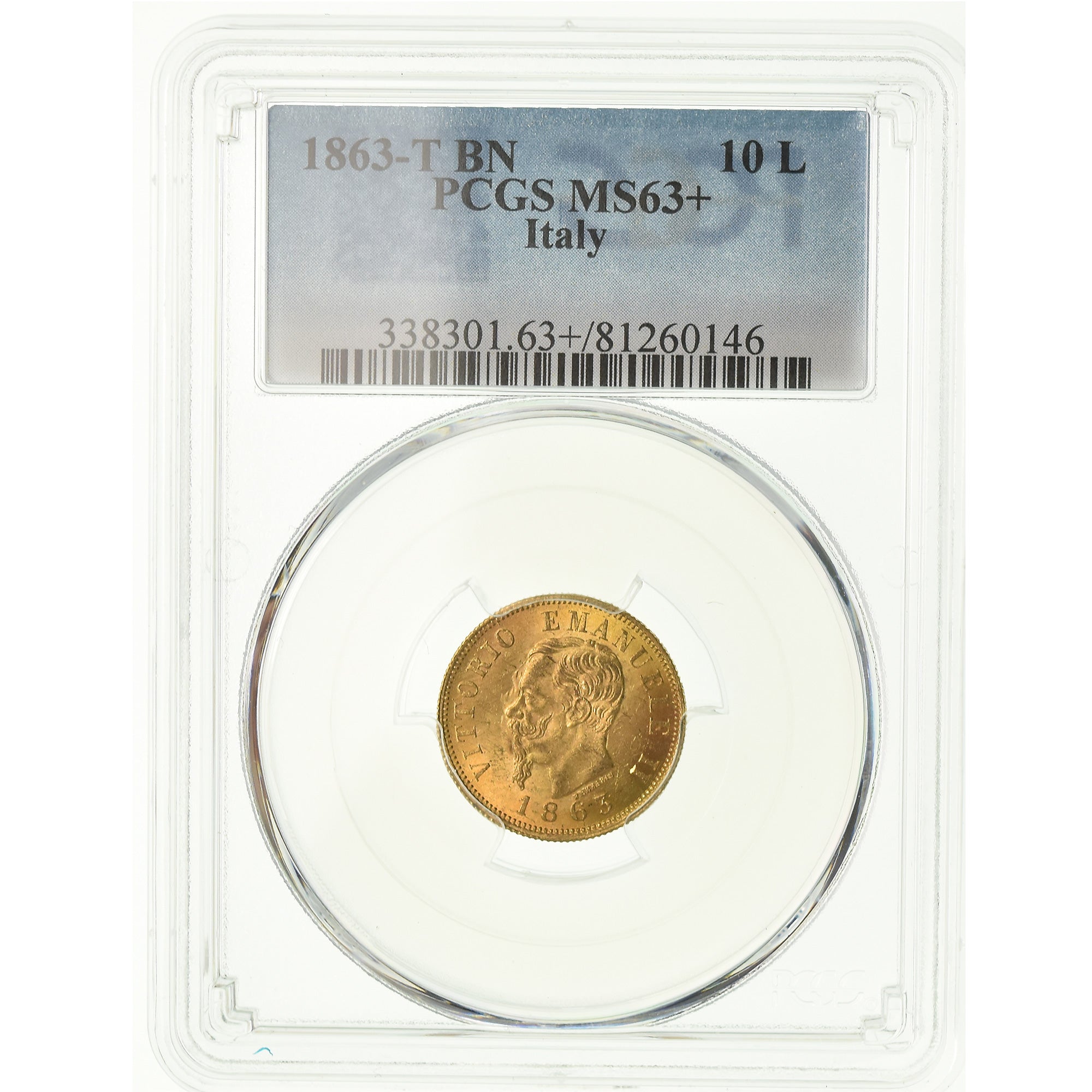 Coin, Italy, Vittorio Emanuele II, 10 Lire, 1863, Torino, PCGS, MS63+, Gold
