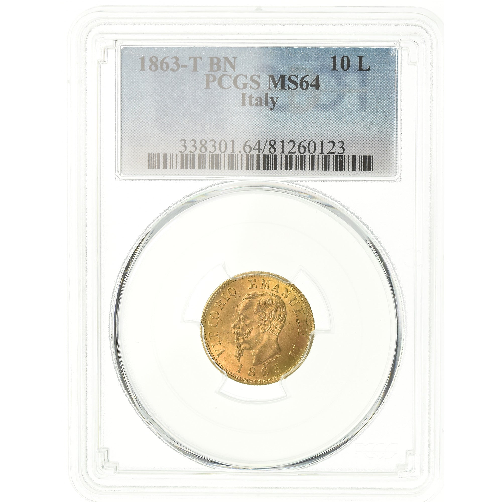 Coin, Italy, Vittorio Emanuele II, 10 Lire, 1863, Torino, PCGS, MS64, Gold