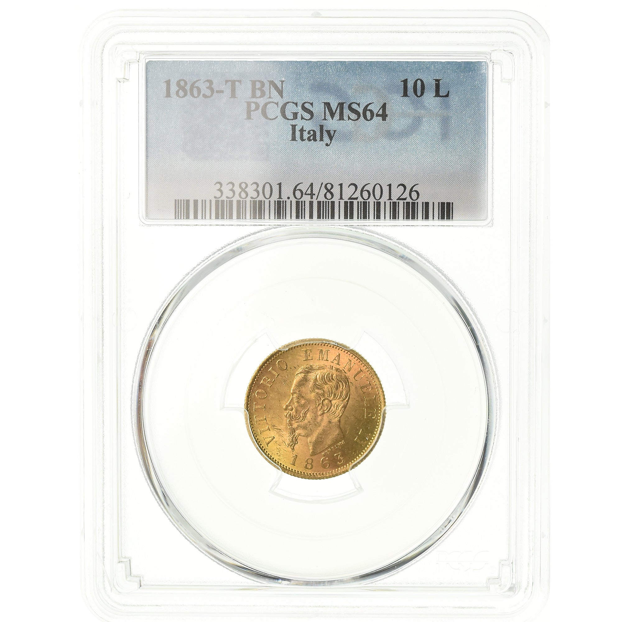 Coin, Italy, Vittorio Emanuele II, 10 Lire, 1863, Torino, PCGS, MS64, Gold