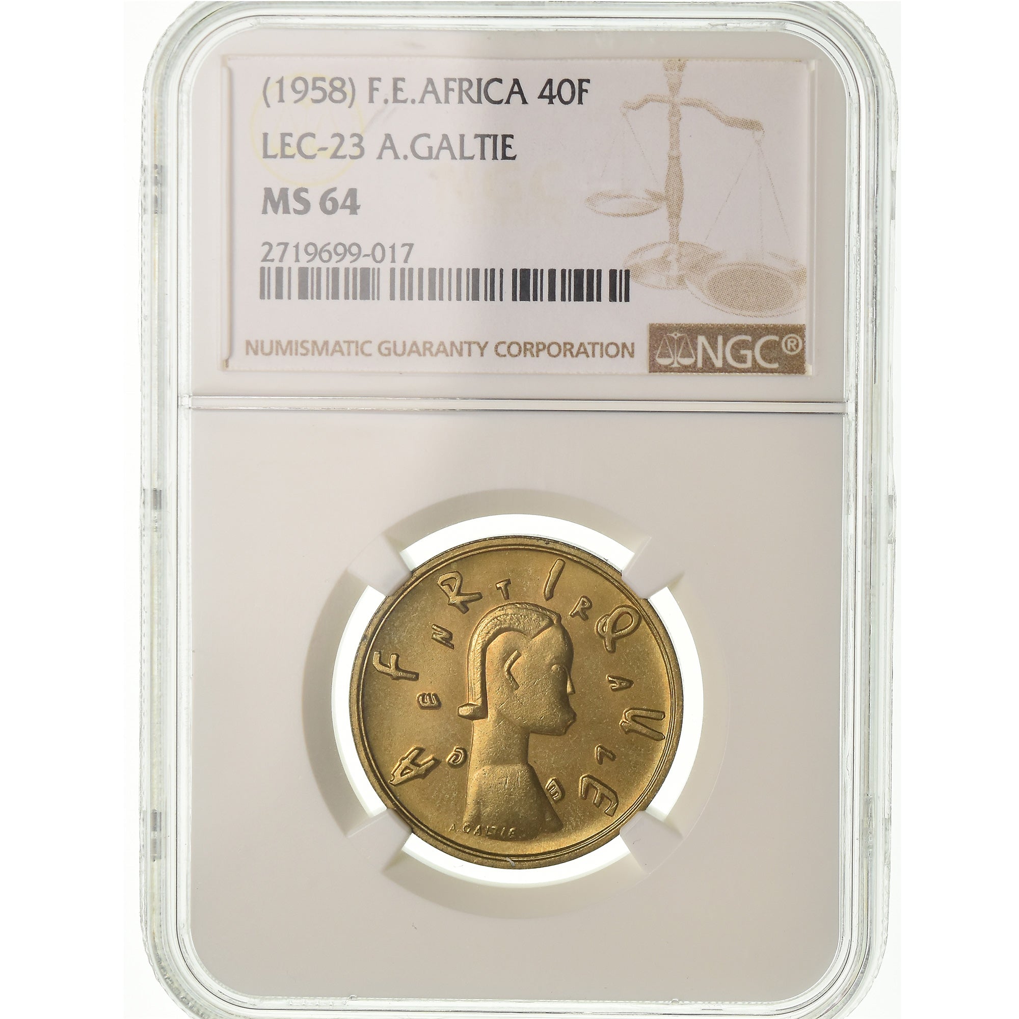 Monnaie, États de l'Afrique centrale, Essai Galtie, 40 Francs, 1958, NGC, MS64