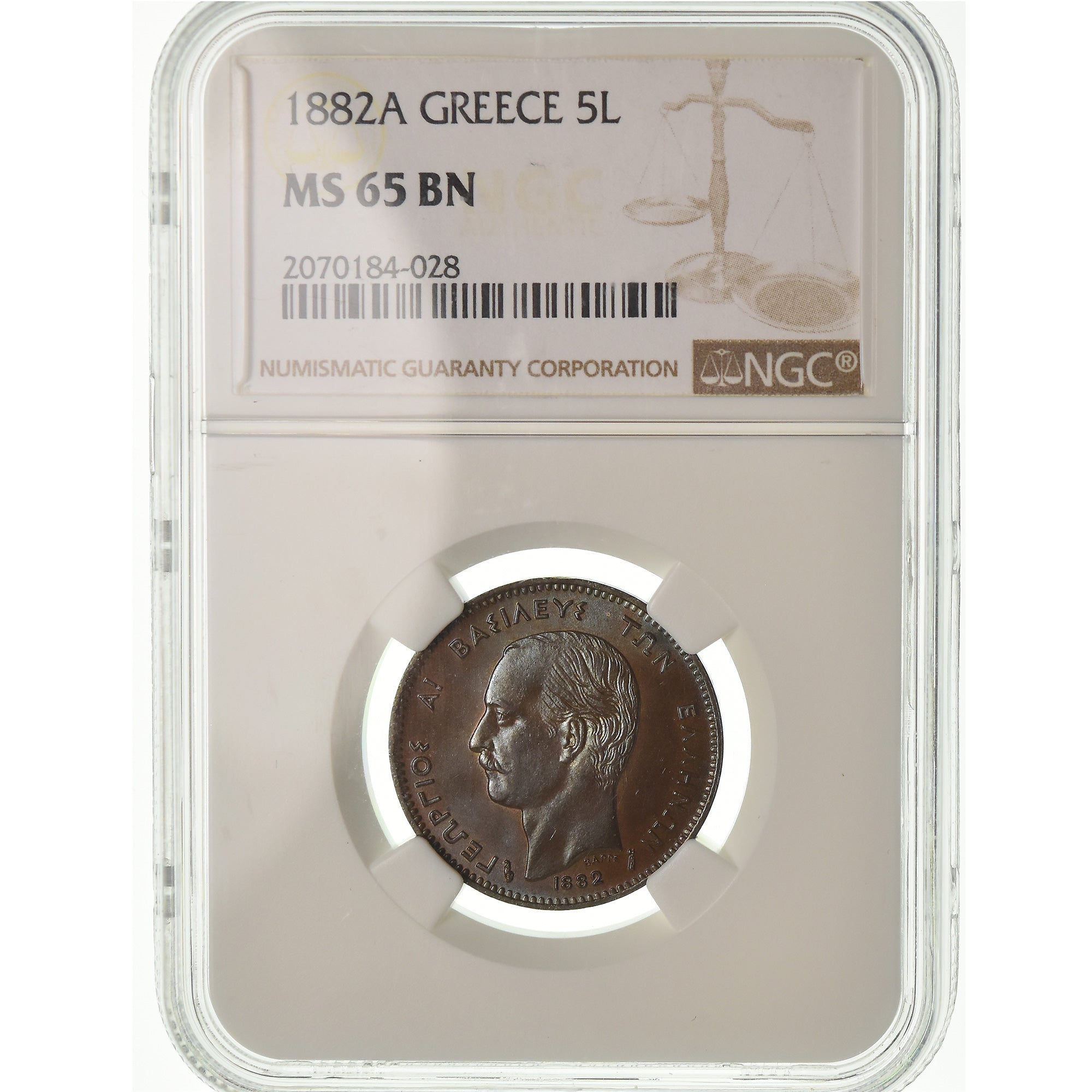 Coin, Greece, George I, 5 Lepta, 1882, Paris, NGC, MS65BN, Copper, KM:54