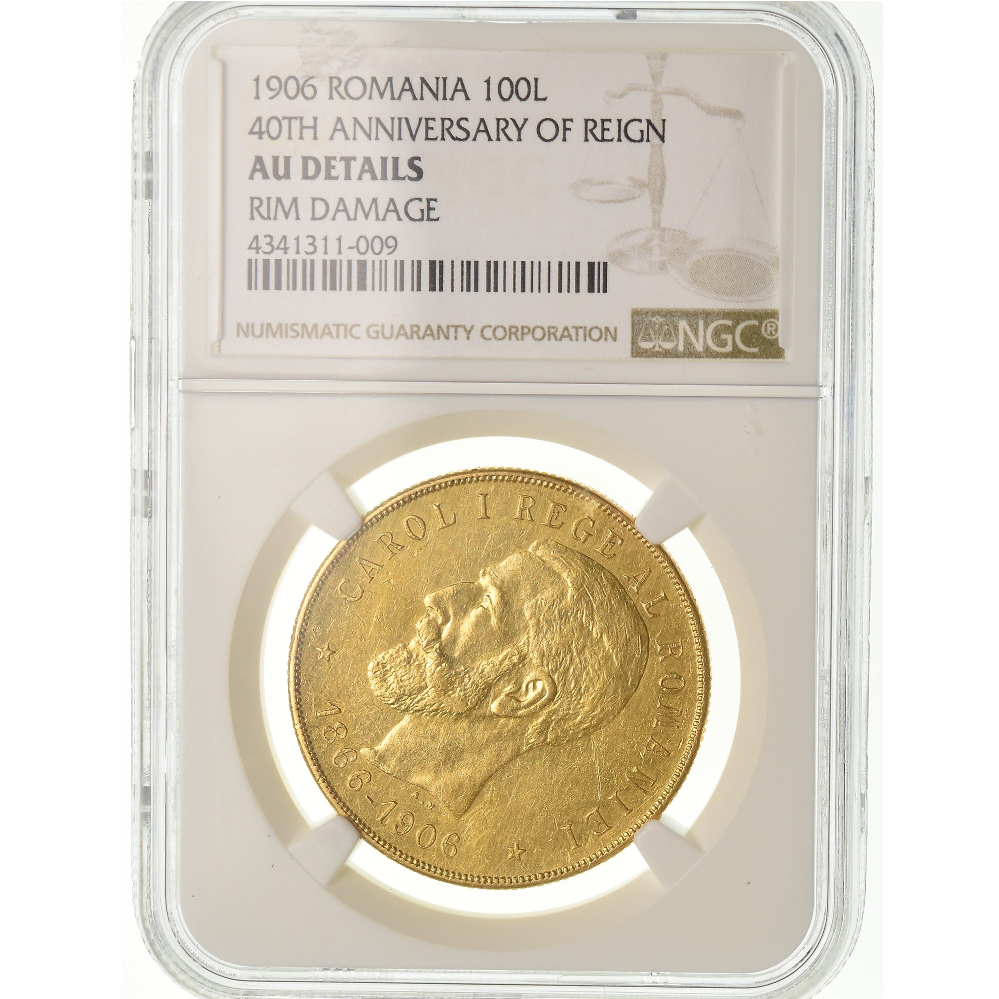 Moneda, Rumanía, Carol I, 100 Lei, 1906, NGC, AU Details, Oro, KM:40, graded