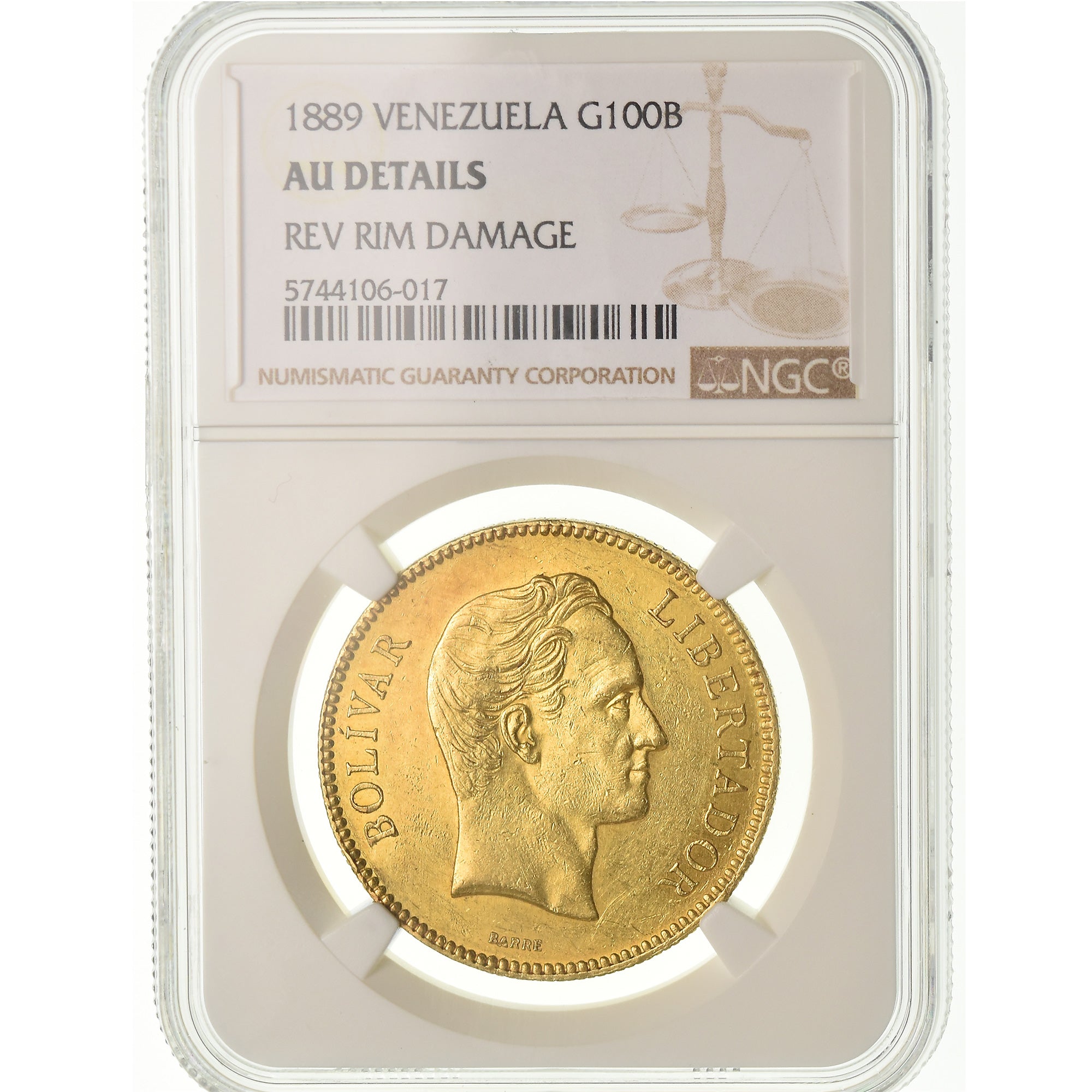 Monnaie, Venezuela, 100 Bolivares, 1889, Caracas, NGC, AU Details, TTB+, Or
