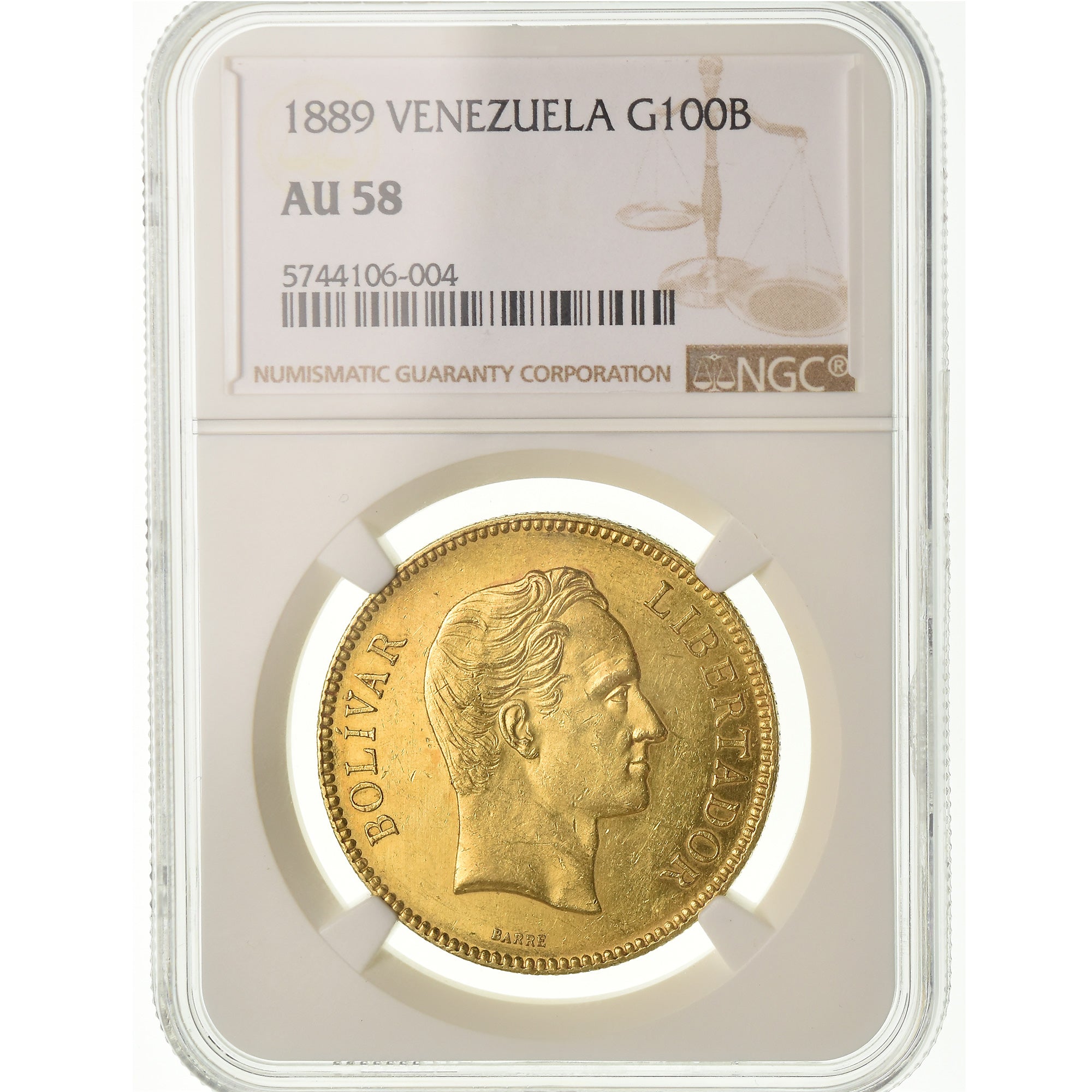Coin, Venezuela, 100 Bolivares, 1889, Caracas, NGC, AU58, Gold, KM:34, graded