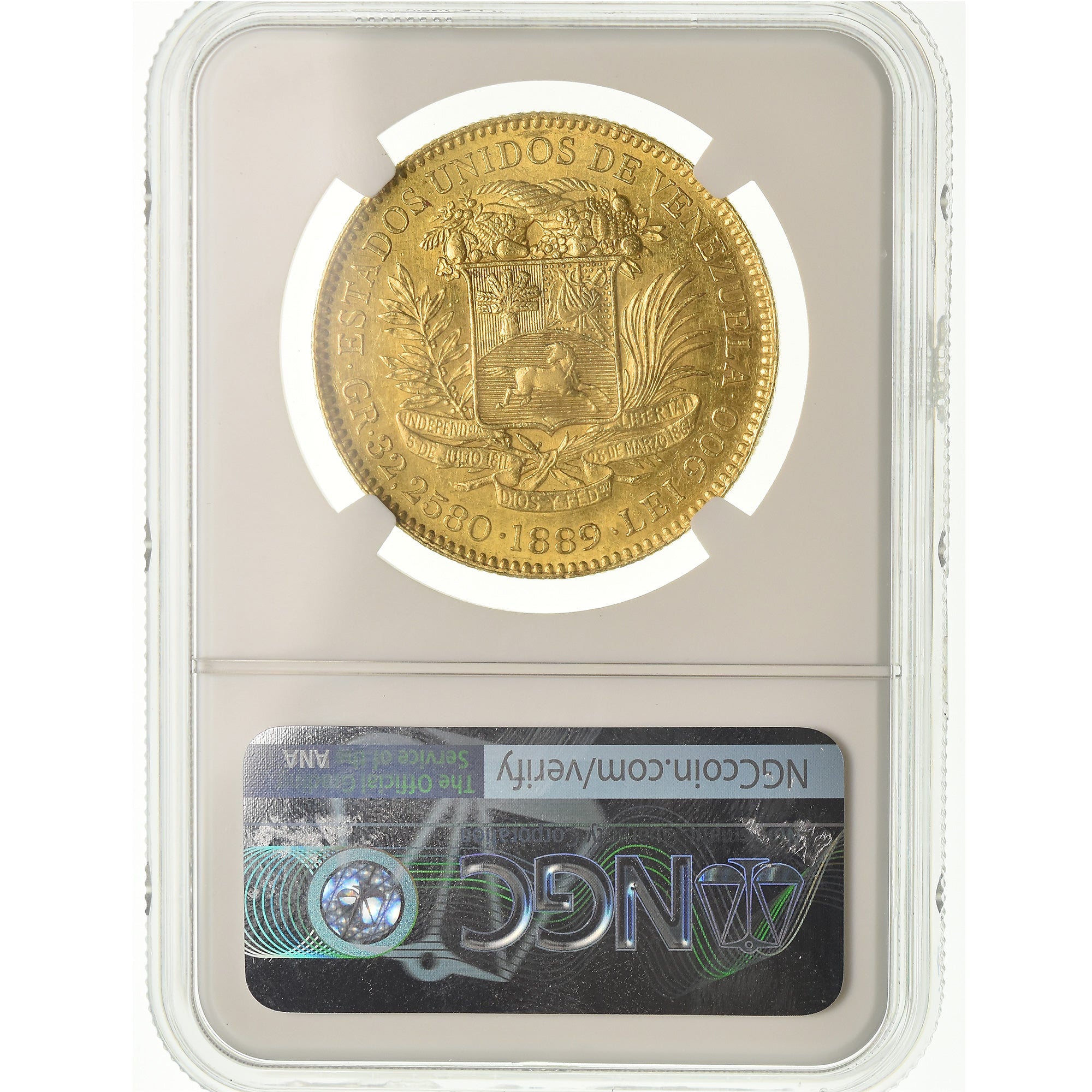 Coin, Venezuela, 100 Bolivares, 1889, Caracas, NGC, AU58, Gold, KM:34, graded