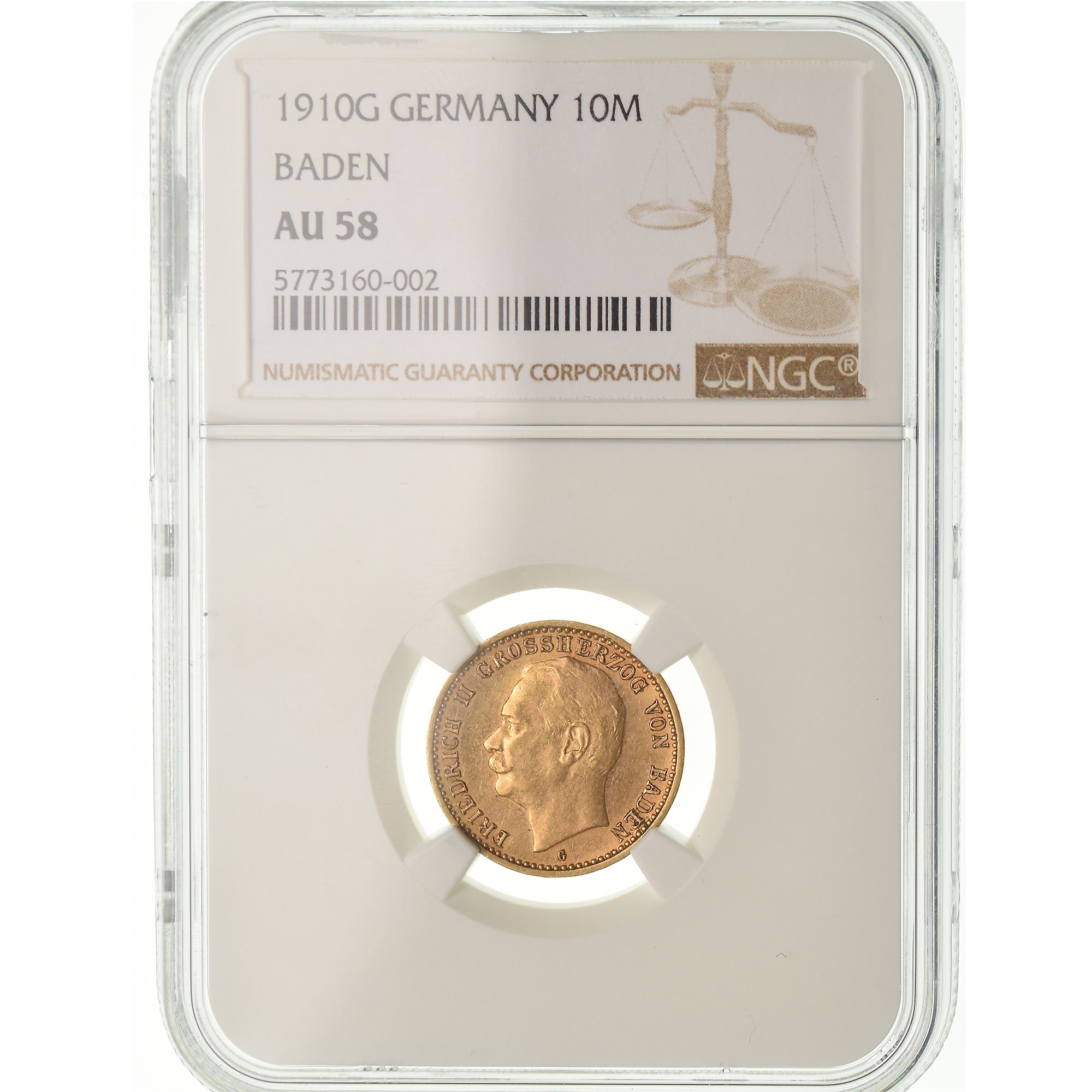 Coin, German States, BADEN, Friedrich II, 10 Mark, 1910, Stuttgart, NGC, AU58