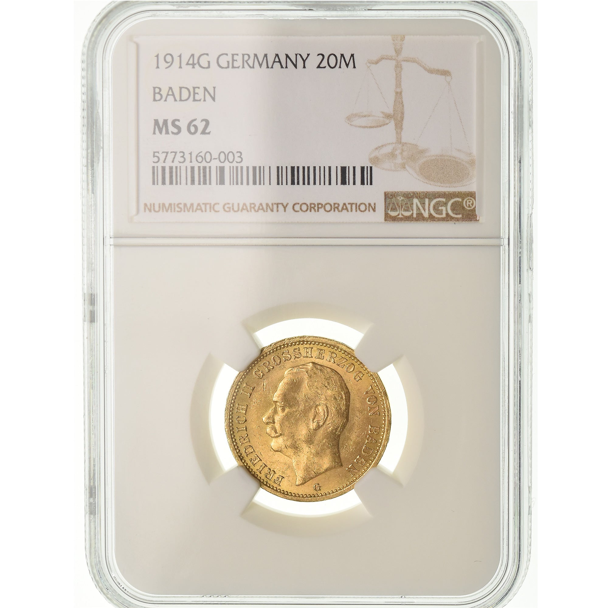 Moneda, Estados alemanes, BADEN, Friedrich II, 20 Mark, 1914, Stuttgart, NGC