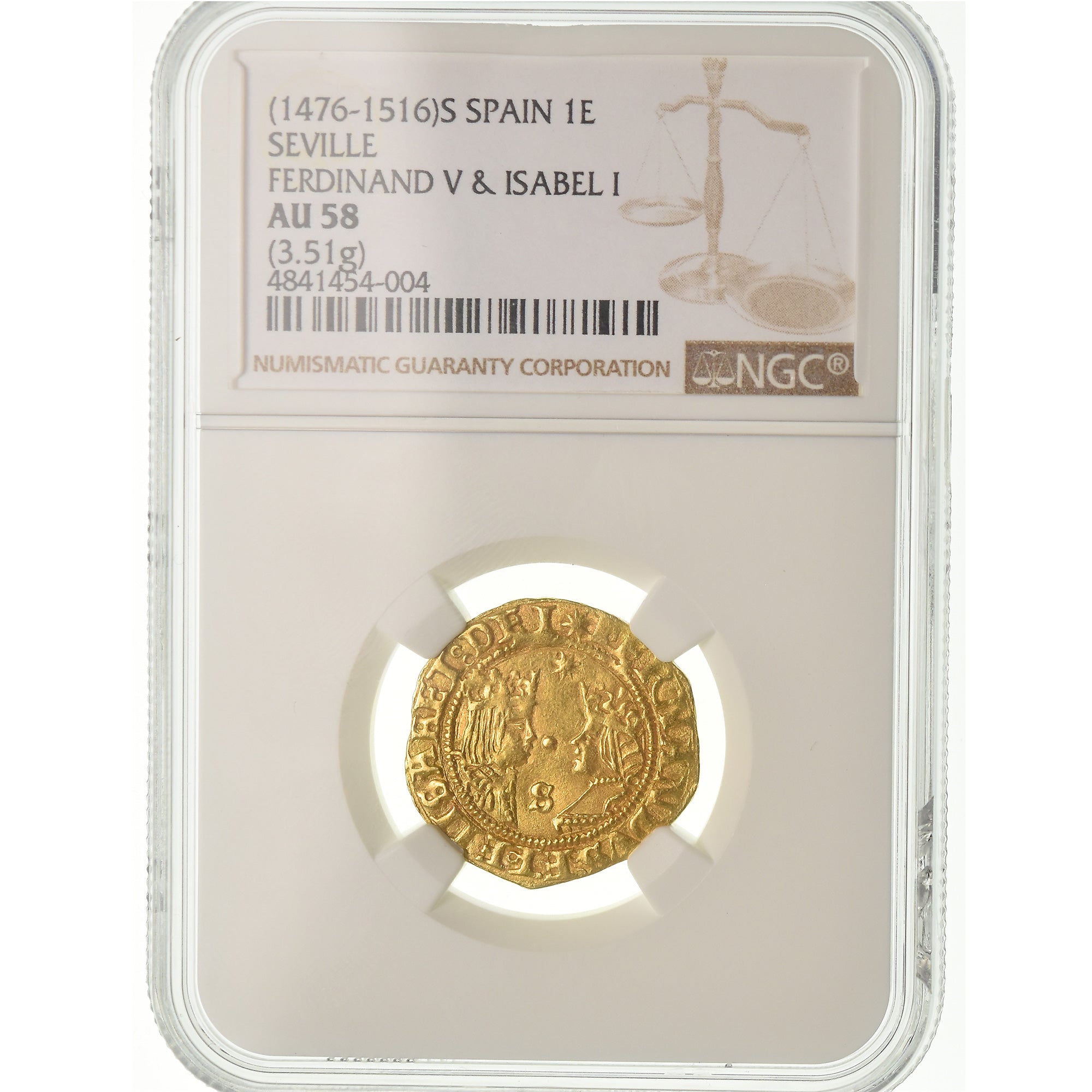 Coin, Spain, Ferdinand & Isabella, Excelente, Seville, NGC, AU58, Gold, graded