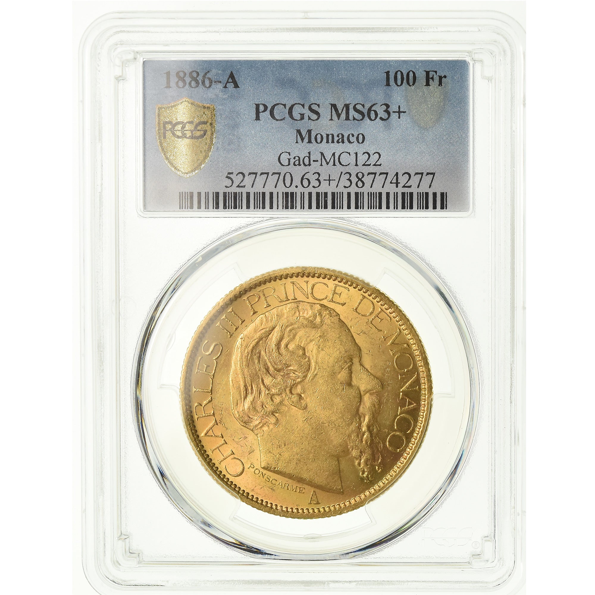Munten, Monaco, Charles III, 100 Francs, Cent, 1886, Paris, PCGS, MS63+, Goud